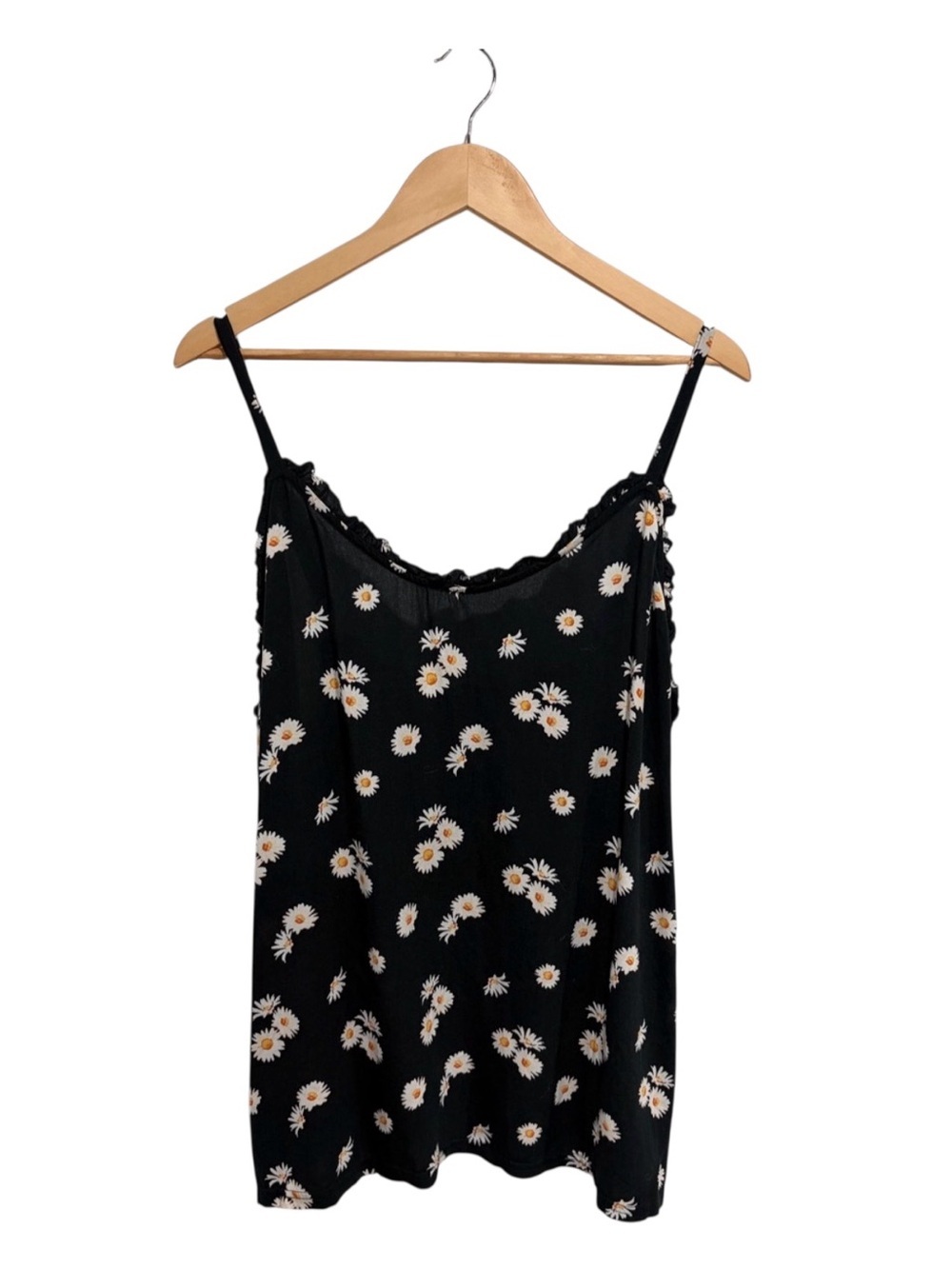 2/$25 Ricki’s Women’s Black Daisy Print Camisole Top Ruffled Neckline
